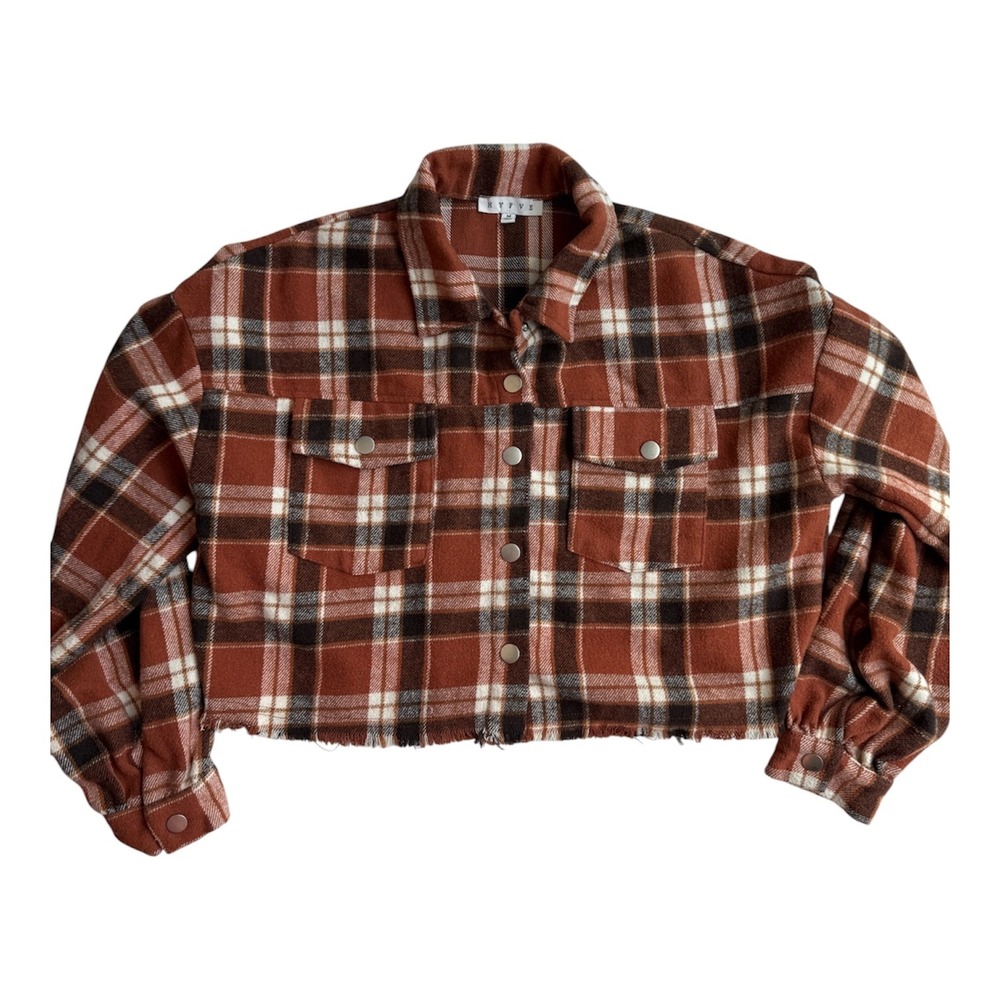 Hyfve Brown Orange Plaid Cropped Flannel Shacket Raw Hem Button Jacket M